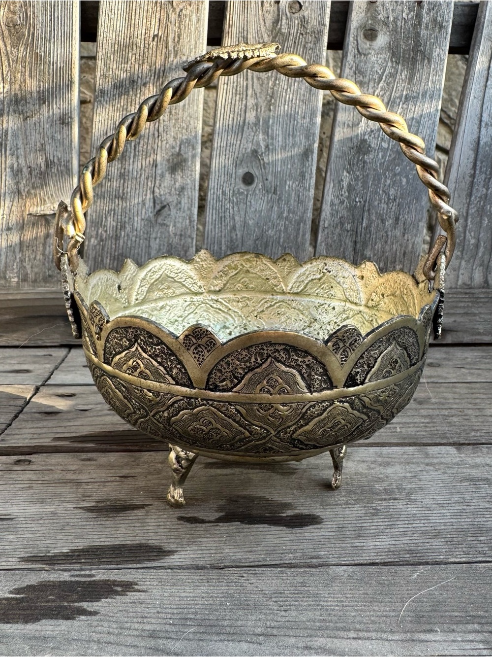 Vintage Ornate Footed Brass Centerpiece Basket Bowl with Twisted Handle